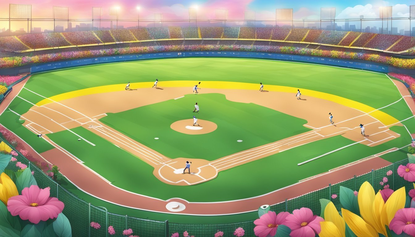 Baseball game in a colorful stadium with players and flowers