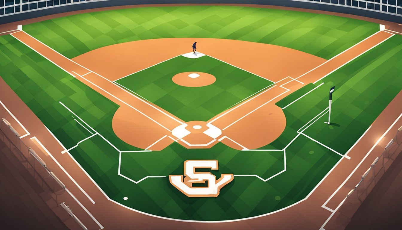 Overhead view of a baseball field with a player and logo