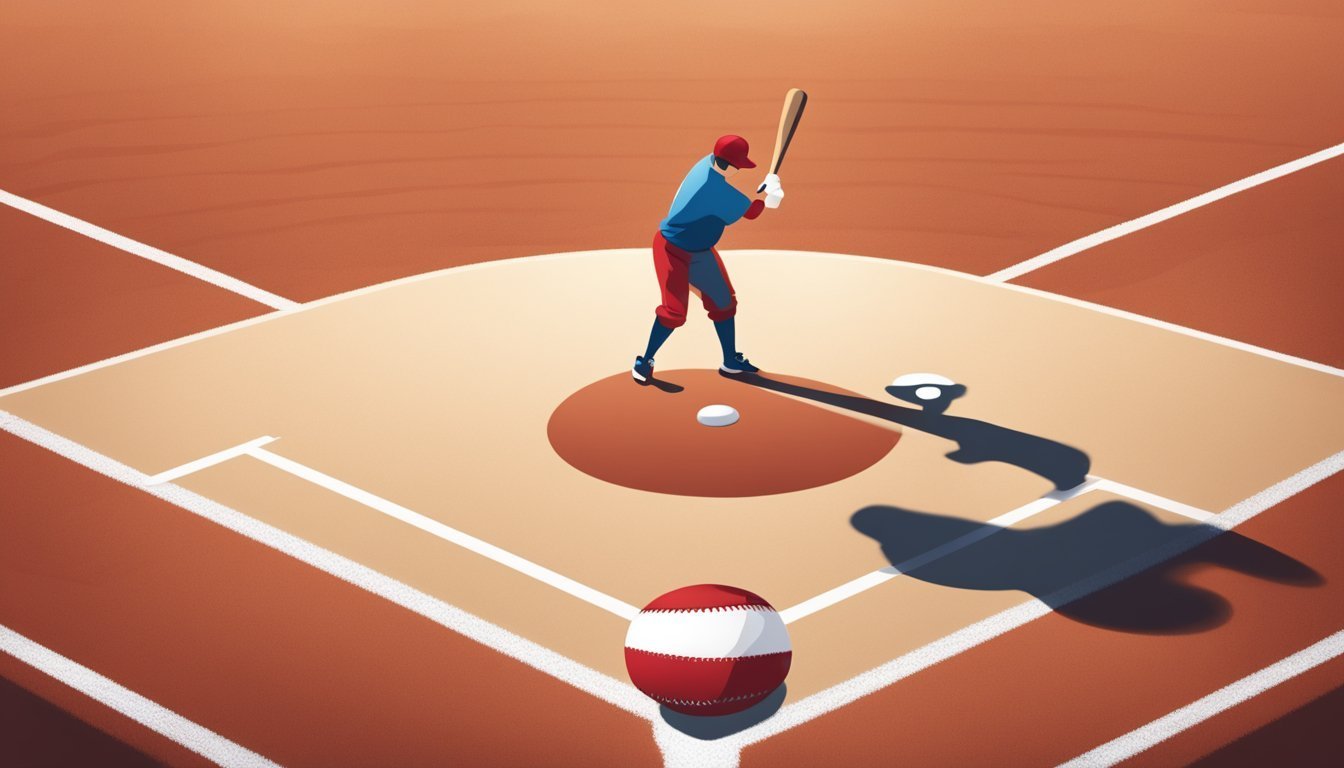 Baseball player at bat on a baseball field with a ball in the foreground