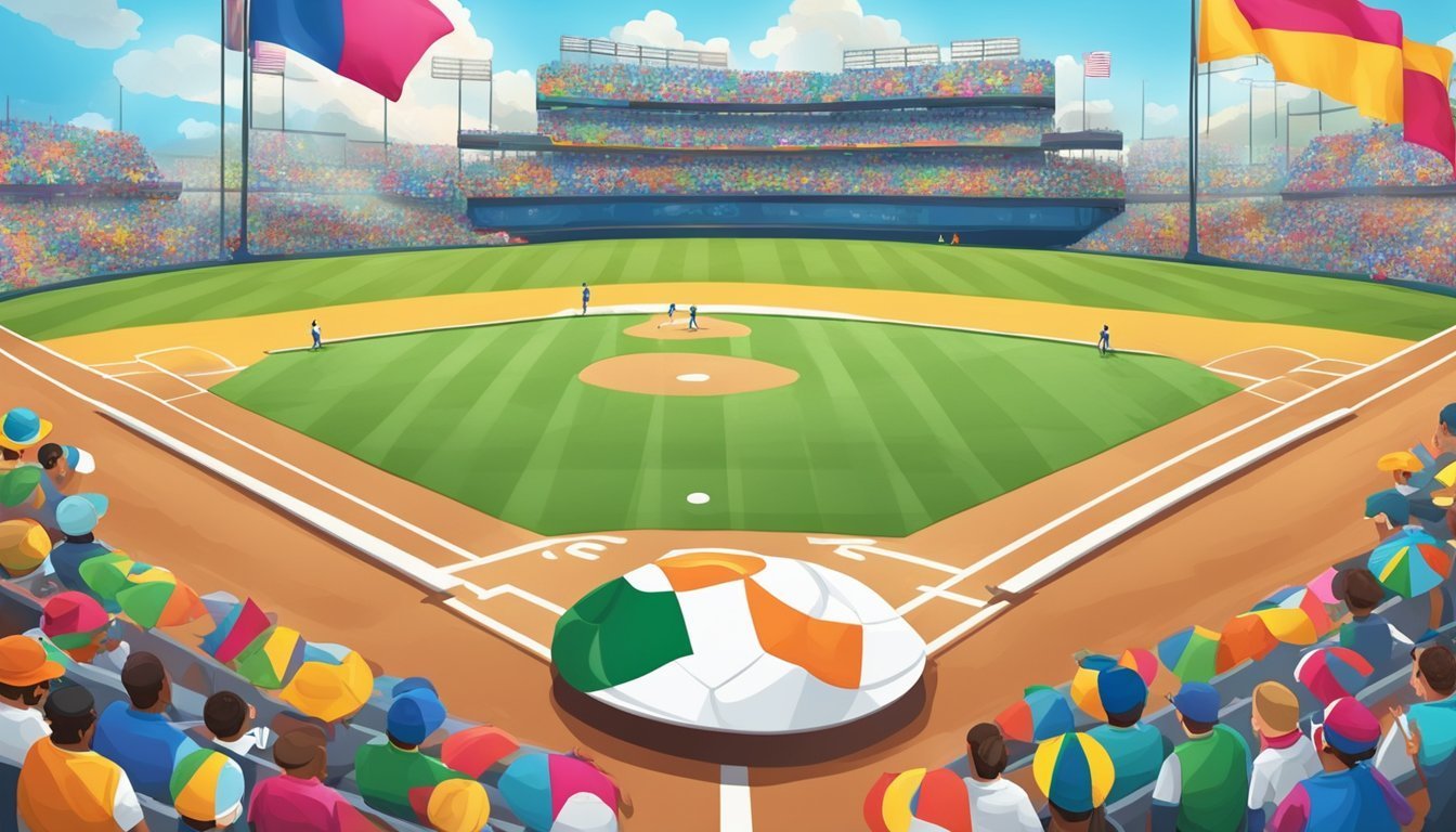 Baseball stadium with players on the field, crowd in stands, and flags waving