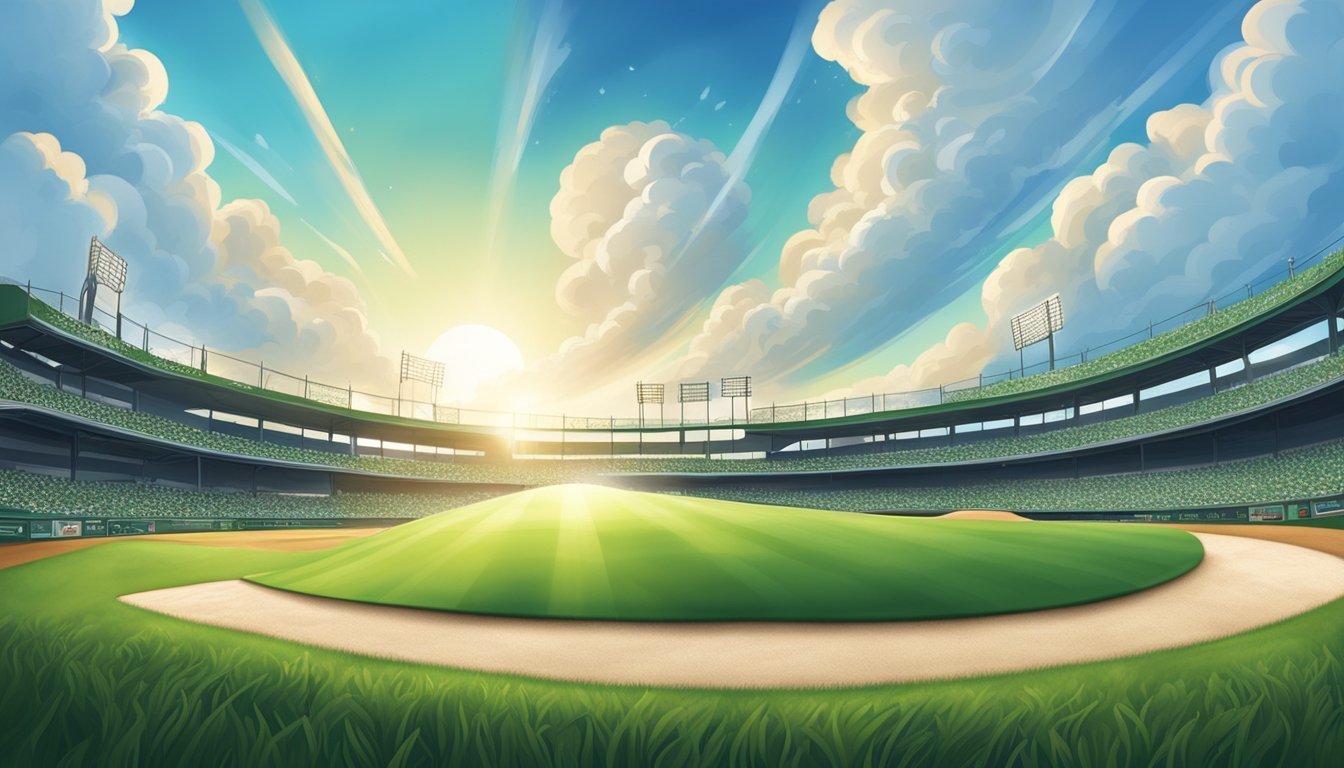 Baseball stadium with bright sun, clouds, and green field