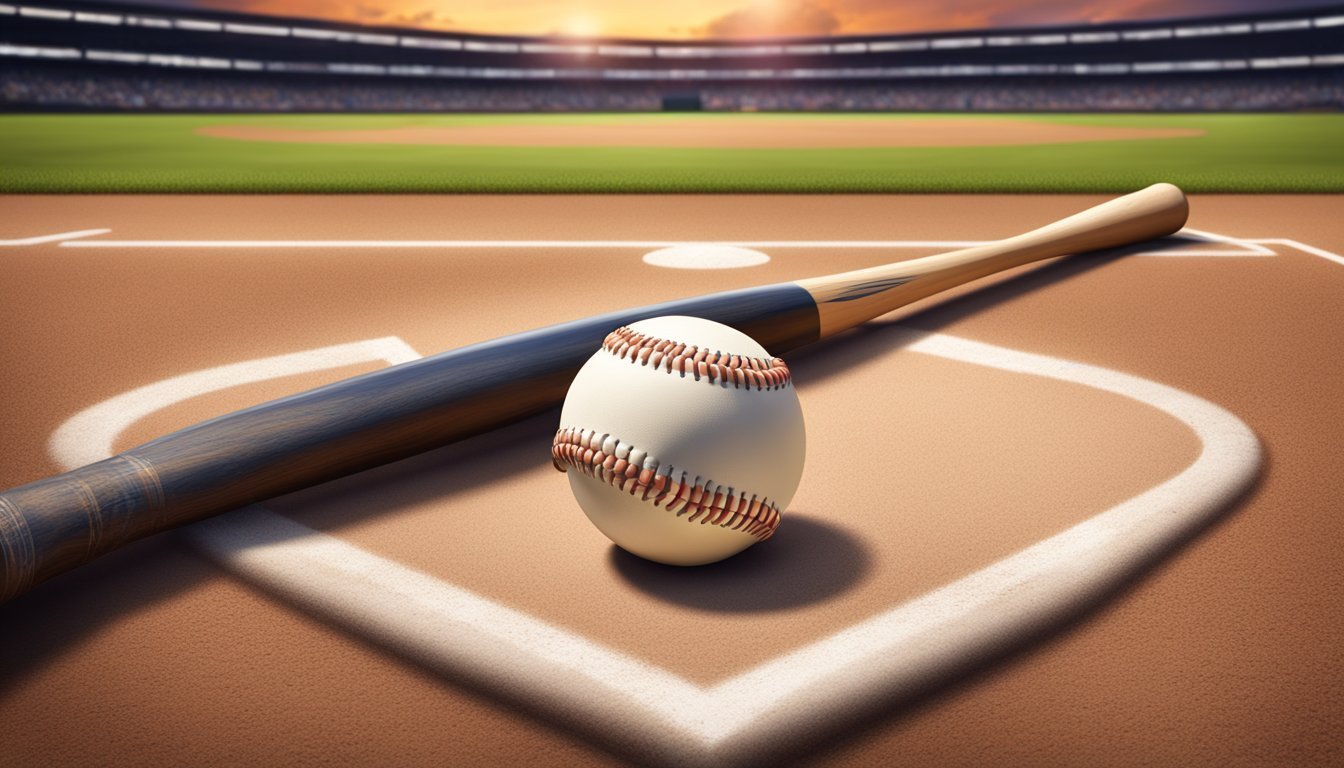 Baseball and bat on a baseball field with stadium in the background