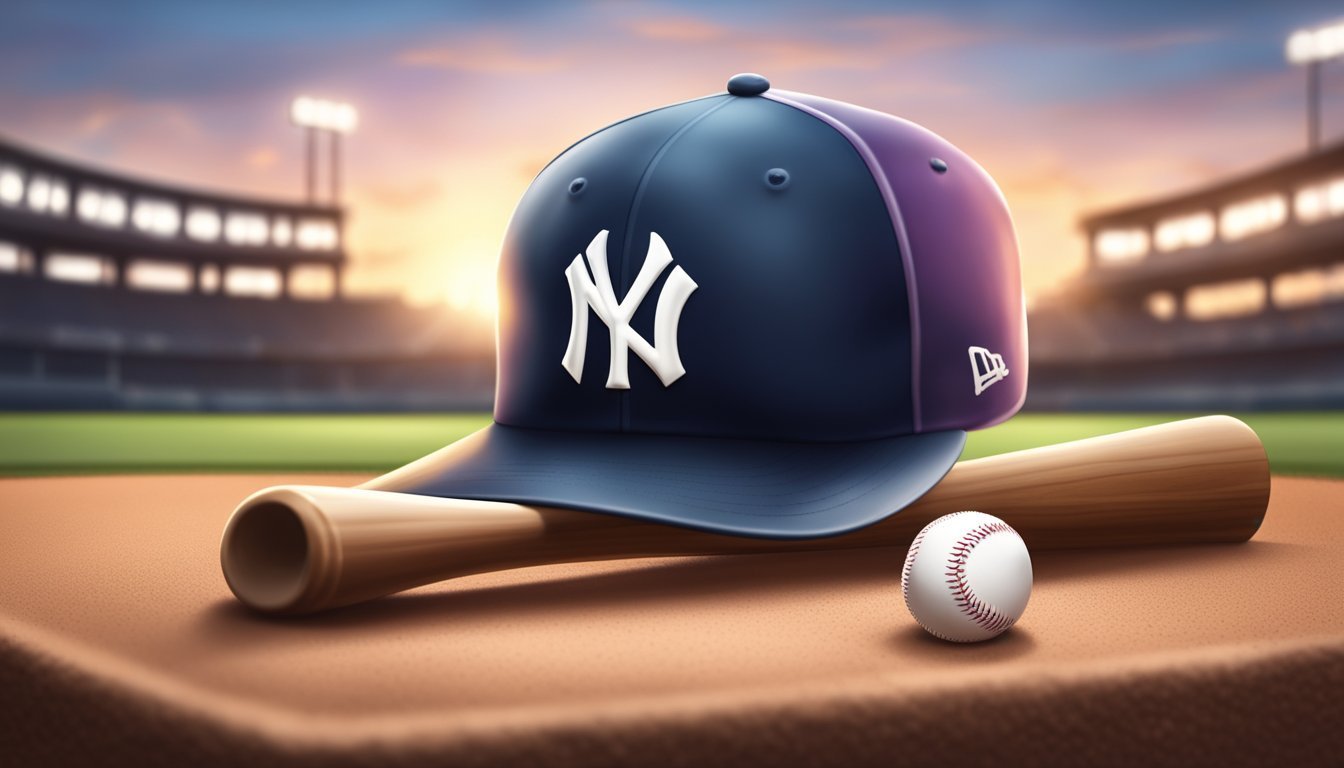 New York Yankees baseball cap, bat, and ball on a field at sunset
