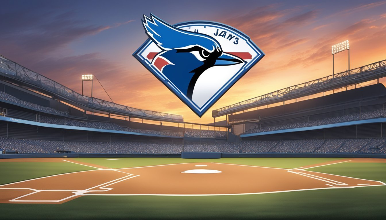 Toronto Blue Jays logo over a baseball stadium at sunset