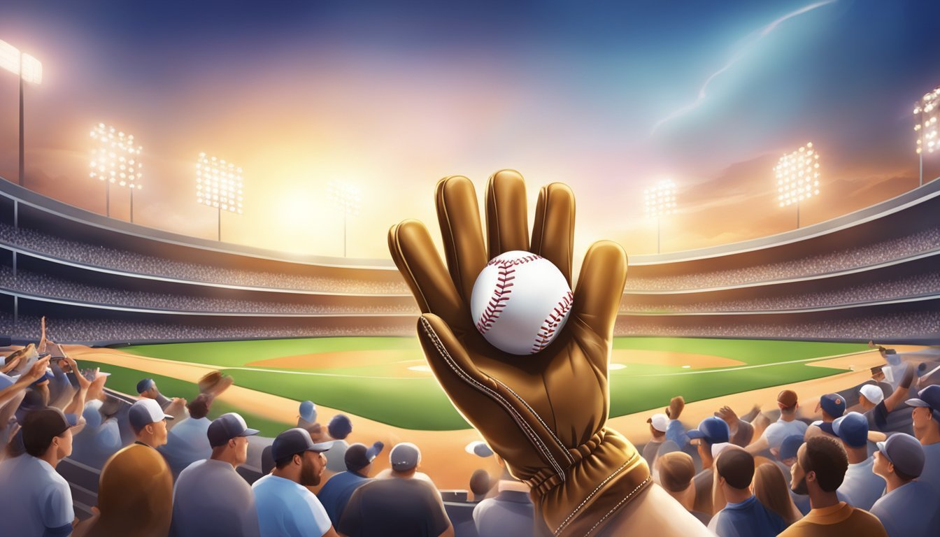 Baseball glove holding a baseball in front of a stadium crowd