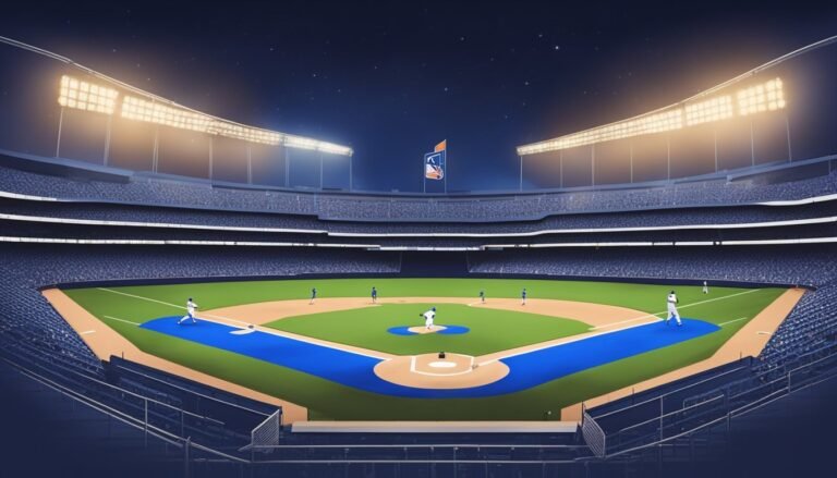 Baseball stadium at night with players on the field and bright lights