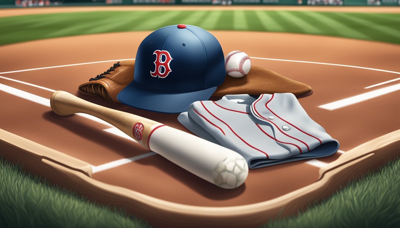 Baseball equipment, including a bat, glove, ball, jersey, and Red Sox hat, on a field