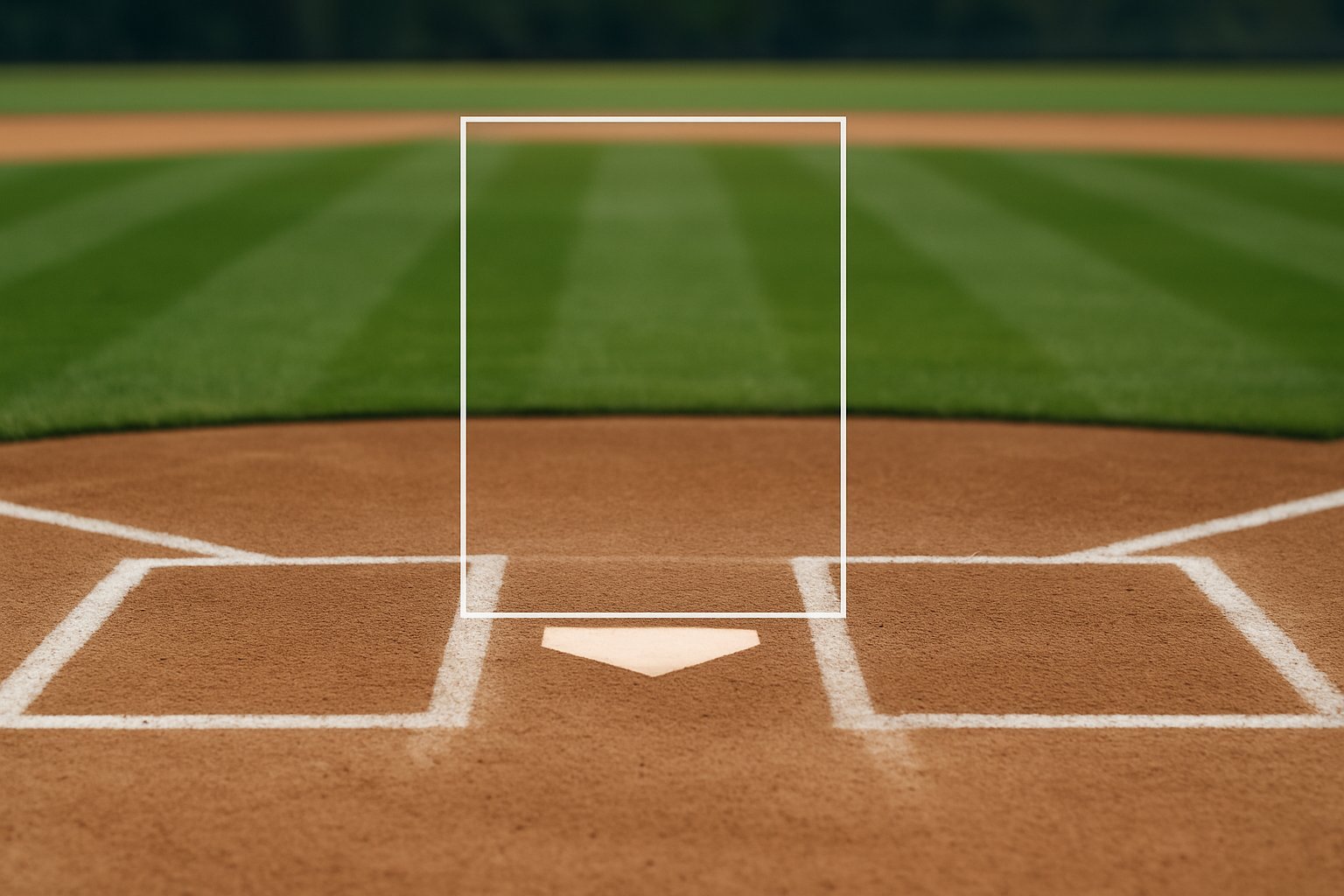 Baseball home plate area showing the official strike zone as a transparent rectangular box above the plate on a well-maintained field.