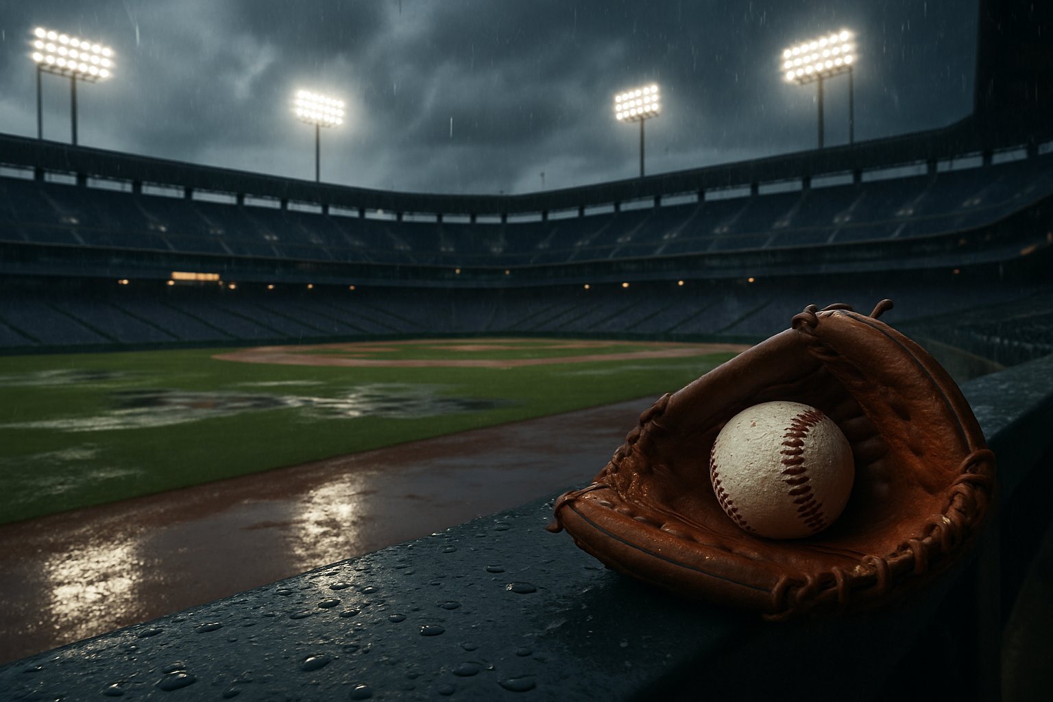 Empty baseball field and dugout with wet equipment during a rain delay under cloudy skies.