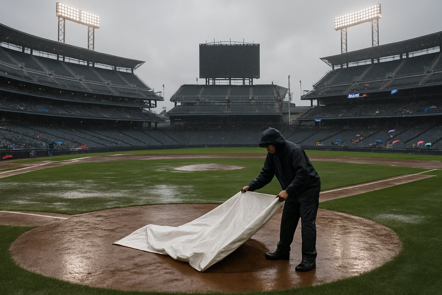 Empty baseball field during a rain delay with a groundskeeper covering the pitcher's mound and a few spectators in raincoats holding umbrellas.
