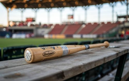 Baseball bat resting on a wooden bench with a stadium in the background