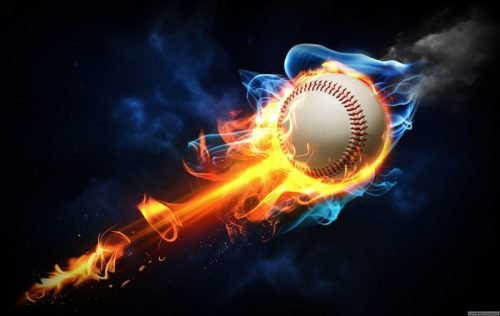 Baseball engulfed in flames and smoke against a dark background