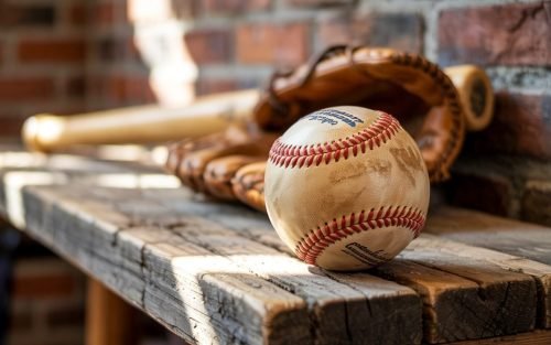 Baseball, glove, and bat resting on a wooden surface, brick background