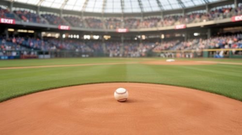 Baseball on the pitcher's mound, stadium in background, with fans