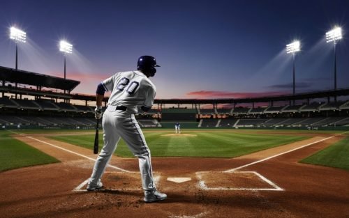 Baseball player at bat, facing pitcher, stadium lights in background