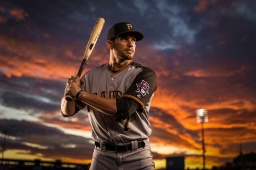 Baseball player in Pirates uniform holding a bat, sunset background