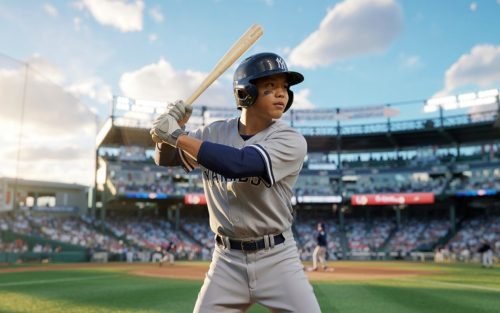 Baseball player in Yankees uniform at bat, stadium in background