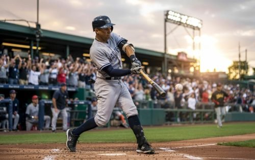 Baseball player in Yankees uniform swings bat, hitting a ball
