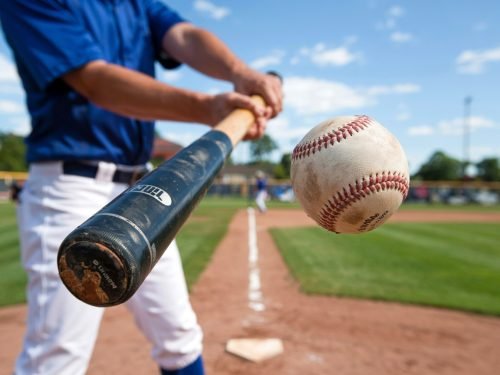 Baseball player swinging a bat at a baseball on a baseball field