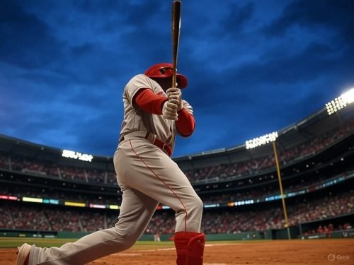 Baseball player swinging bat in stadium, wearing red and gray uniform