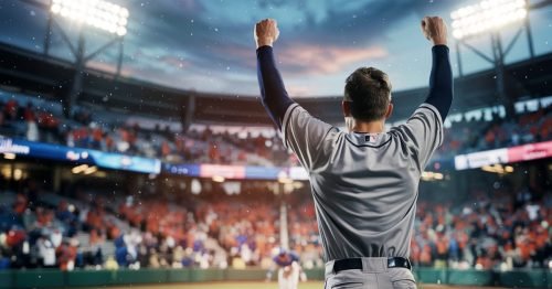 Baseball player with arms raised in victory, stadium crowd in background