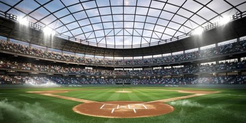 Baseball stadium interior with a full crowd, green field, and a glass roof