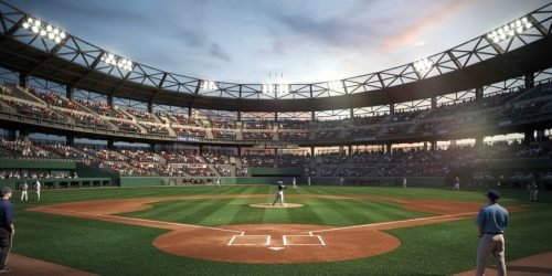 Baseball stadium with a game in progress, filled with spectators