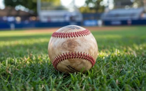 Close-up of a baseball on green grass, with a baseball field in the background